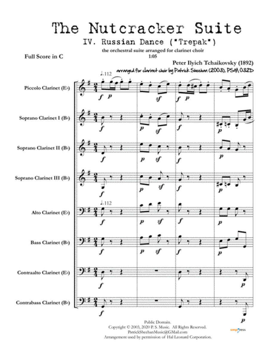 Nutcracker Suite, Mvt. IV "Russian Dance (Trepak)" for clarinet choir (full score & set of parts) image number null