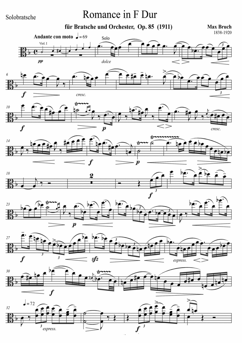 Romance in F Major for Viola and String Orchestra, Op. 85 - Set of Parts image number null
