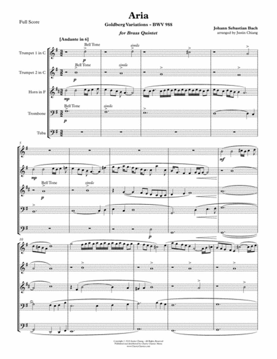 Aria from Goldberg Variations BWV 988 for Brass Quintet