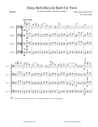 Daisy Bell (Bicycle Built for Two), arranged for cello ensemble/mixed-level cello quartet