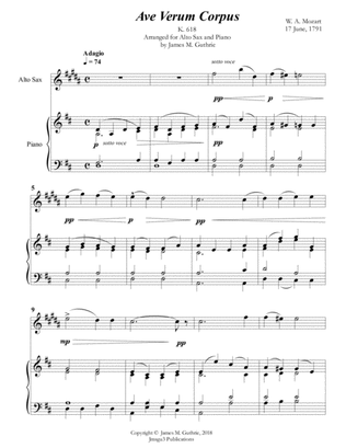 Book cover for Mozart; Ave Verum Corpus for Alto Sax & Piano