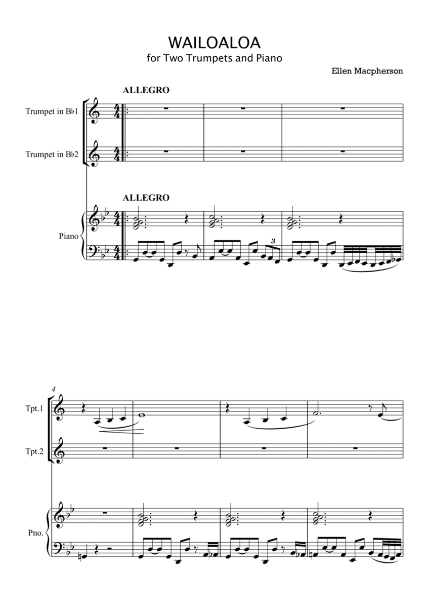 WAILOALOA FOR TRUMPET DUET AND PIANO by Ellen Macpherson Trumpet Duet - Digital Sheet Music