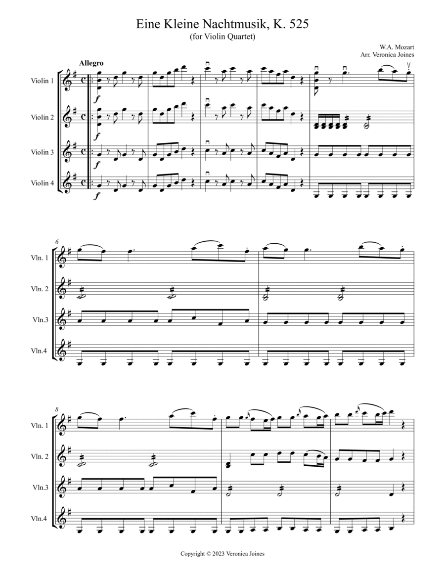 Eine Kleine Nachtmusik for Violin Quartet (1st Movement) image number null