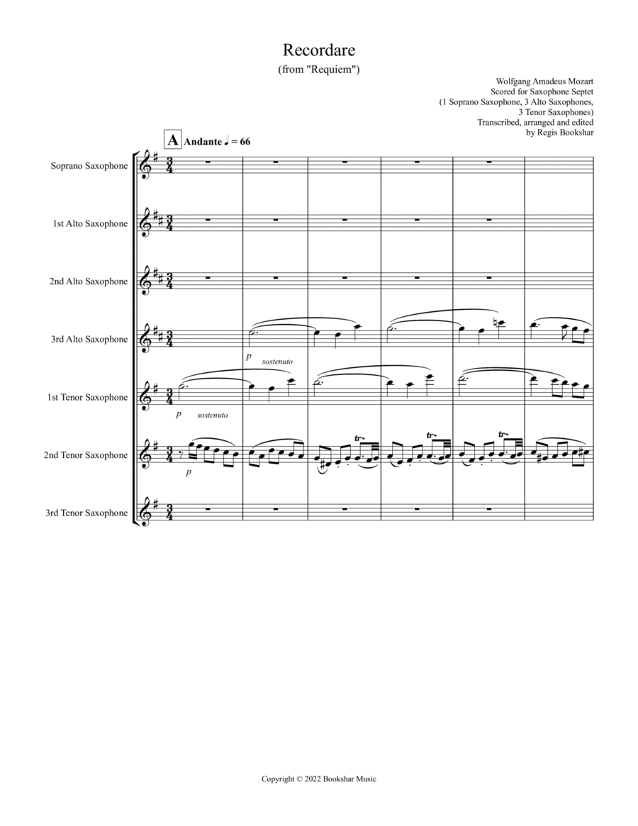 Recordare (from "Requiem") (F) (Saxophone Septet - 1 Sop, 3 Alto, 3 Ten)