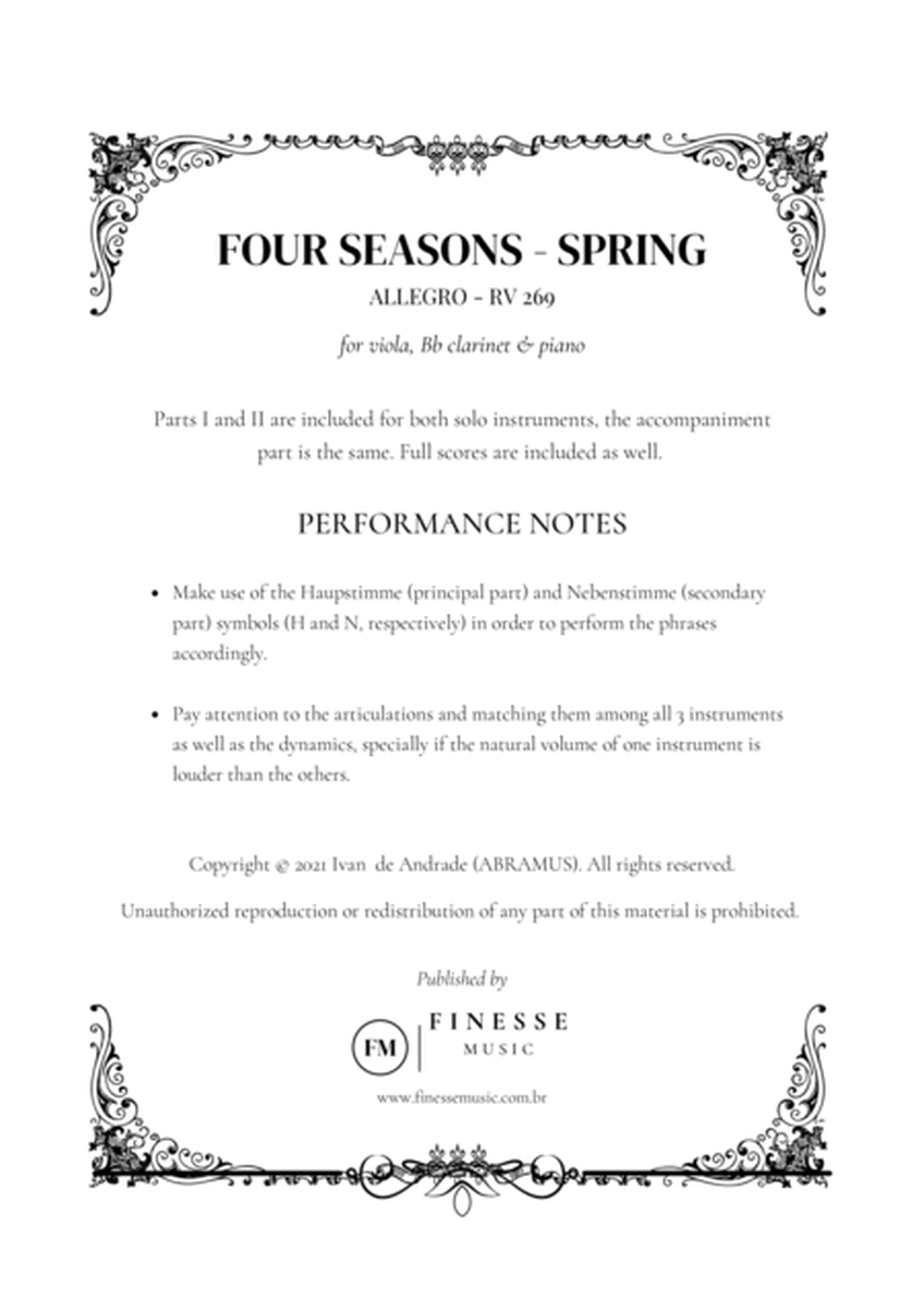 TRIO - Four Seasons Spring (Allegro) for VIOLA, Bb CLARINET and PIANO - F Major image number null