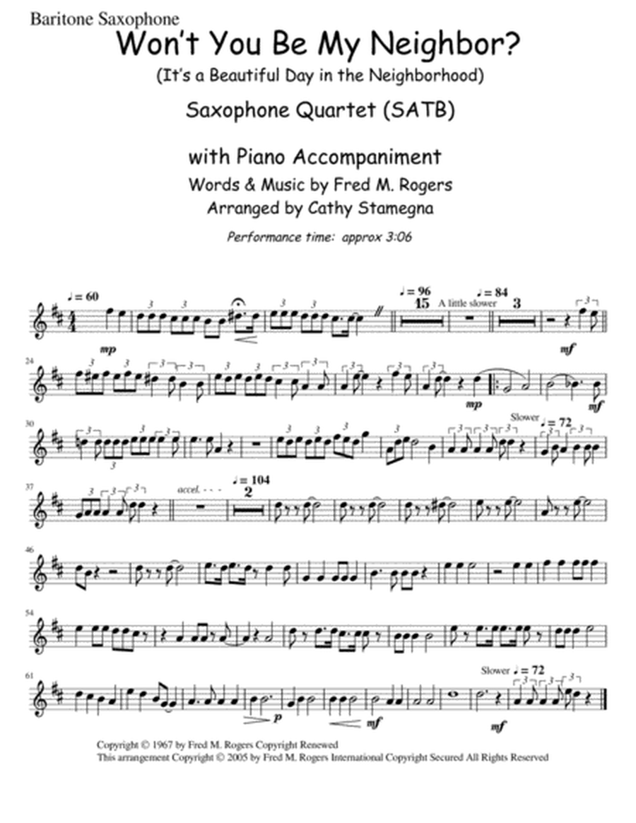 Won't You Be My Neighbor? - It's A Beautiful Day In The Neighborhood (Saxophone Quartet (SATB), Chords, Piano Accompaniment) image number null