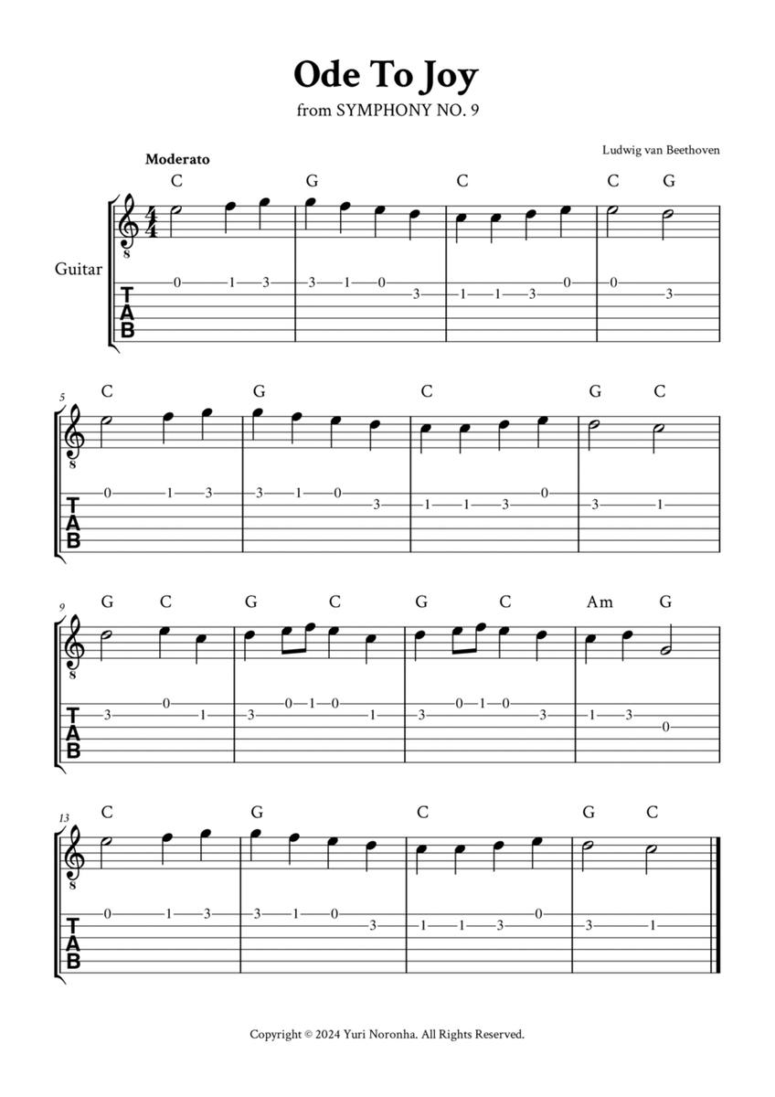 Ode To Joy - Easy Guitar (C Major - with TAB, Chords) image number null