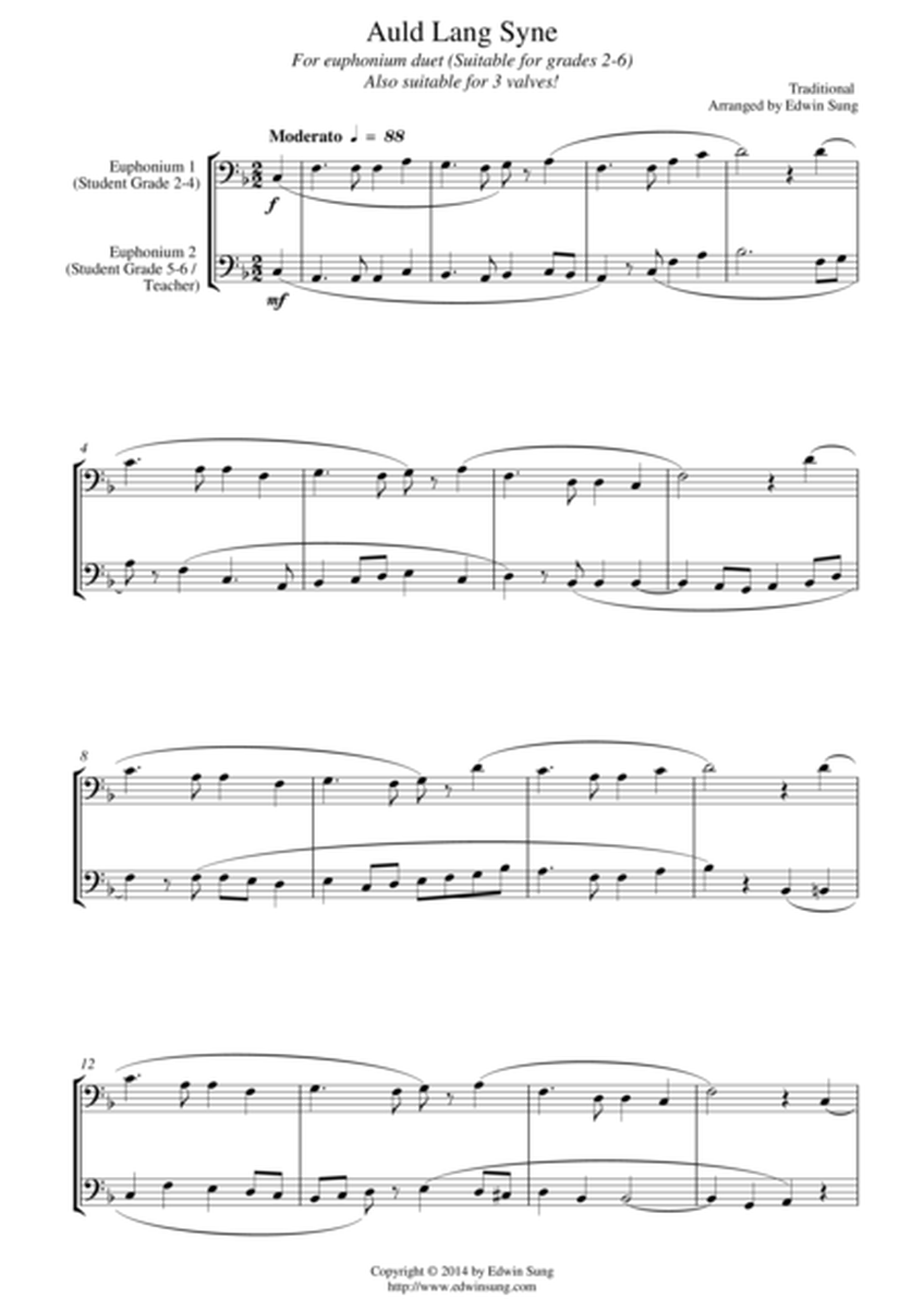 Auld Lang Syne (for euphonium duet (bass clef, 3 or 4 valved), suitable for grades 2-6) image number null