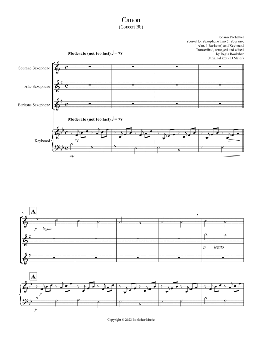 Canon (Pachelbel) (Bb) (Saxophone Trio - 1 Sop, 1 Alto, 1 Bari), Keyboard)