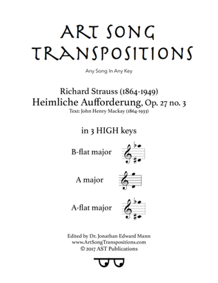 Book cover for STRAUSS: Heimliche Aufforderung, Op. 27 no. 3 (in 3 high keys: B-flat, A, A-flat major)
