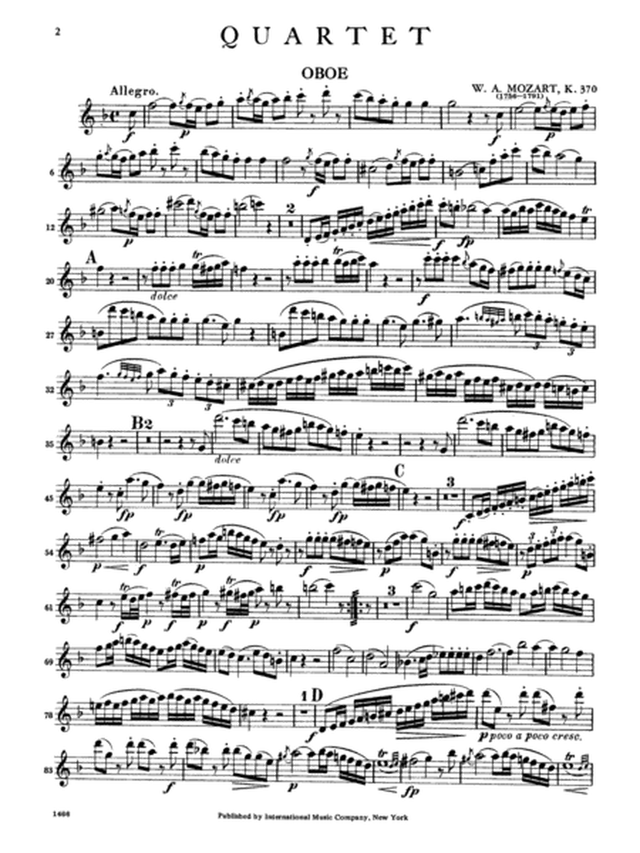 Quartet In F Major, K. 370 (K6. 386B) For Oboe, Violin, Viola & Cello