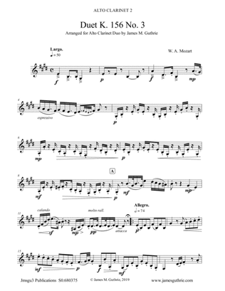 Book cover for Mozart: Duet K. 156 No. 3 for Alto Clarinet Duo