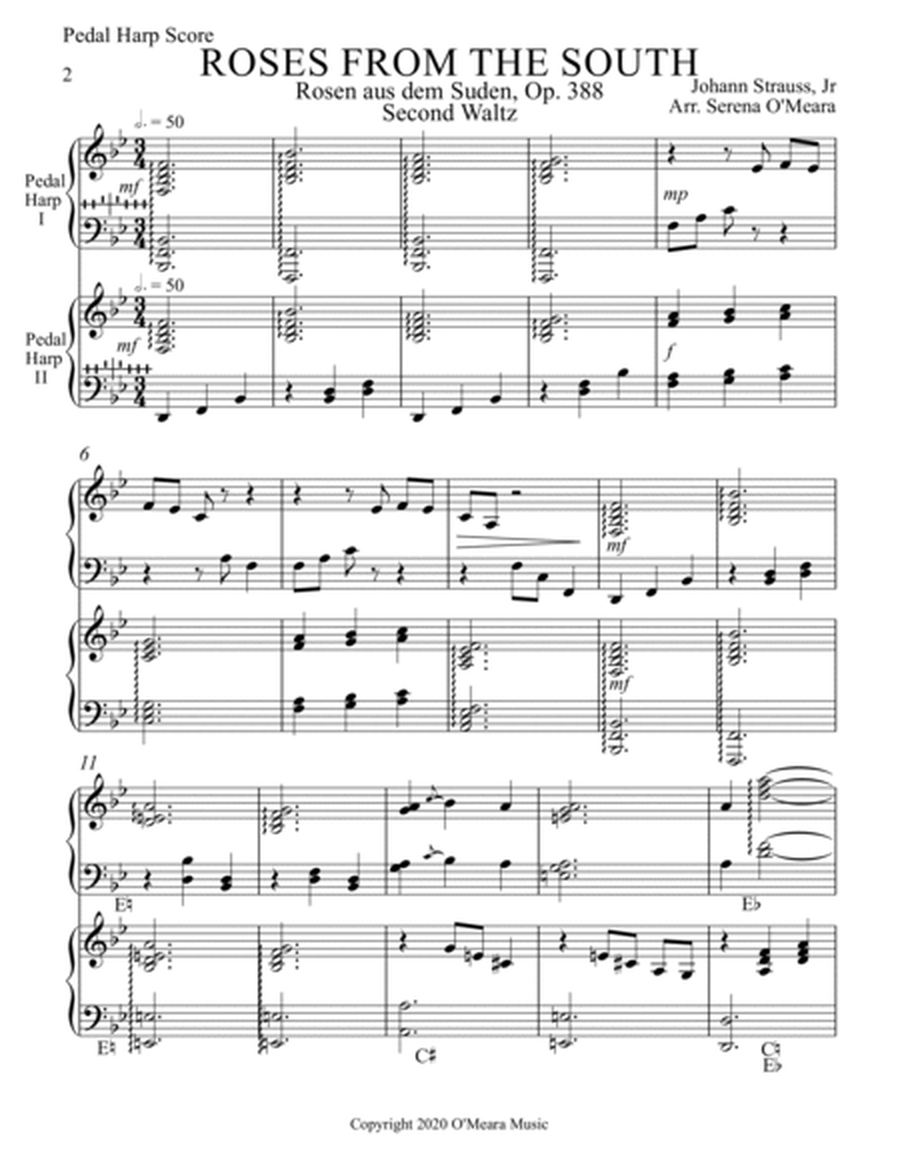 Roses From The South, Op 388 (Second Waltz), Pedal Harp Score & Parts image number null