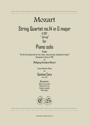 Book cover for Mozart – Complete String quartet no.14 in G major K387 (Spring) for piano solo