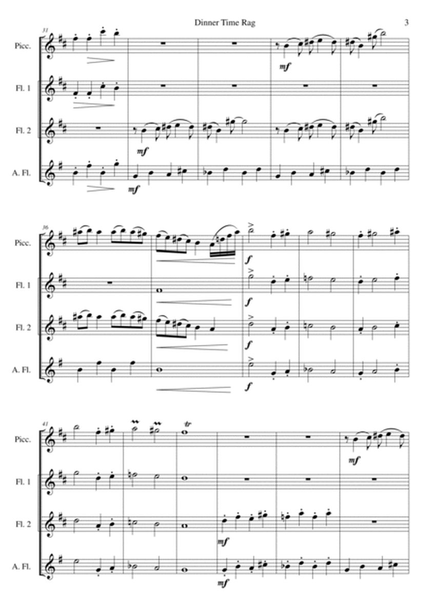 Dinner Time Rag for high flute quartet (piccolo, 2 flutes, alto flute) by David Warin Solomons Flute Quartet - Digital Sheet Music
