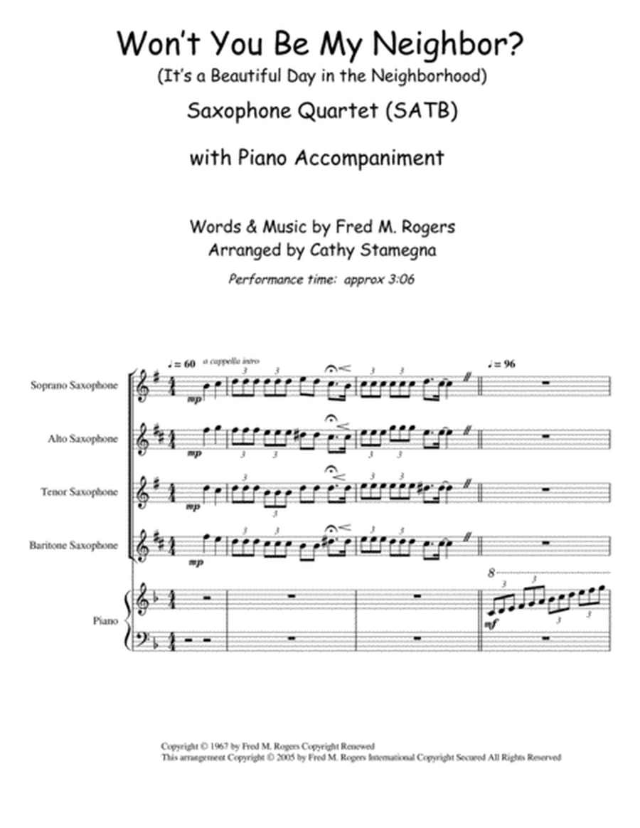 Won't You Be My Neighbor? - It's A Beautiful Day In The Neighborhood (Saxophone Quartet (SATB), Chords, Piano Accompaniment) image number null