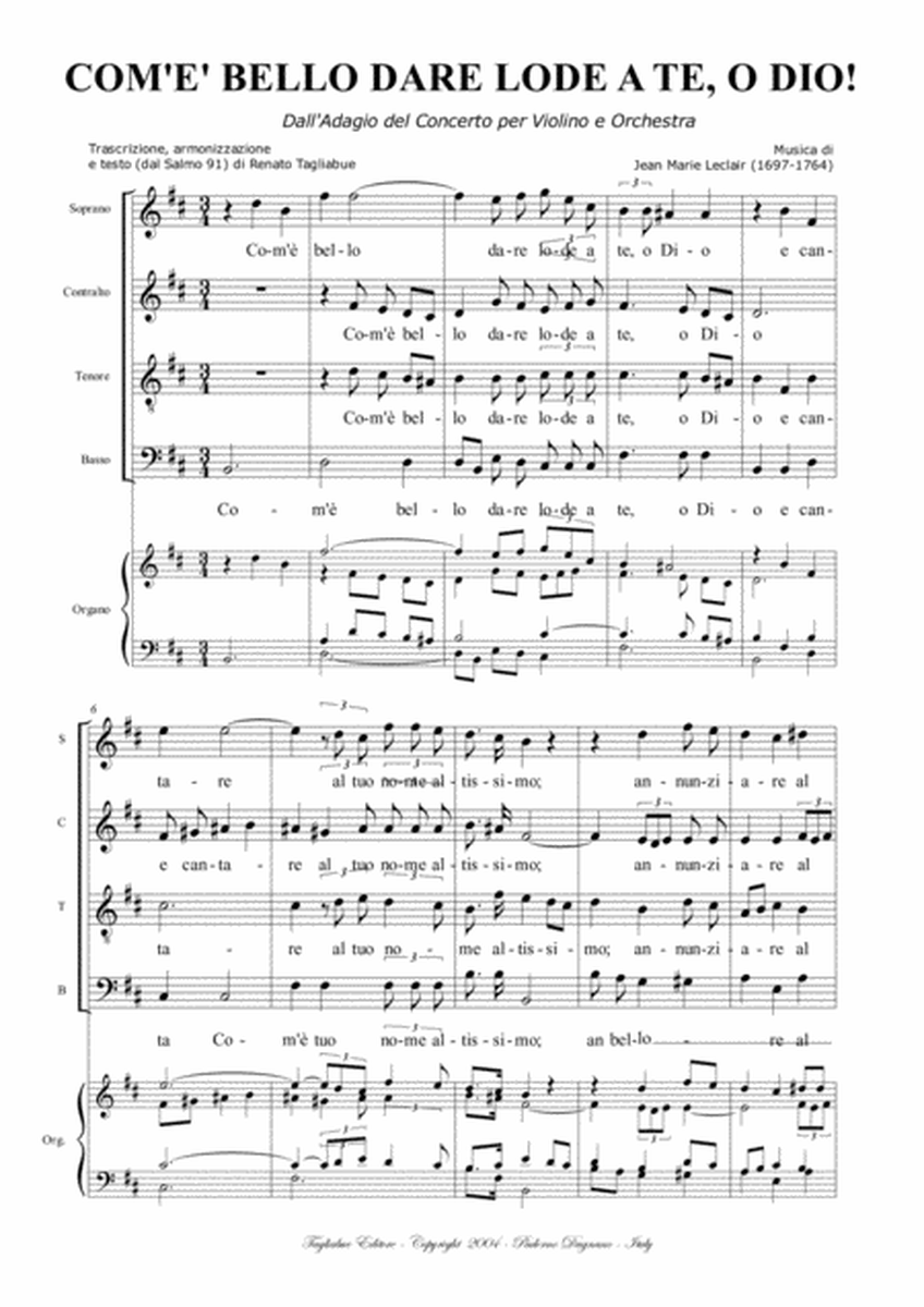 ADAGIO - Com'è bello dare lode a te, o Dio - Leclair - Arr. for SATB Choir and Organ image number null