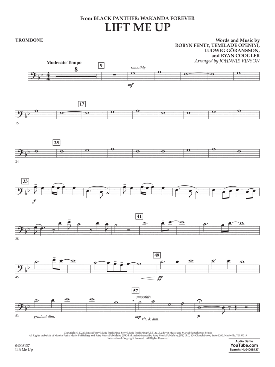 Lift Me Up (from Black Panther: Wakanda Forever) (arr. Vinson) - Trombone
