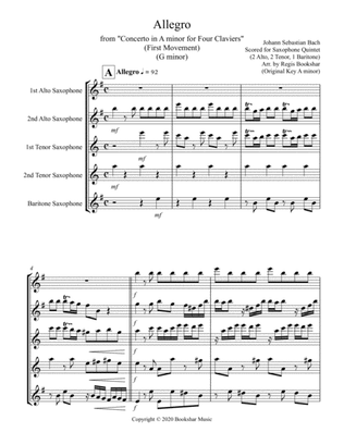 Allegro (from "Concerto for Four Claviers") (G min) (Saxophone Quintet - 2 Alto, 2 Tenor, 1 Bari)