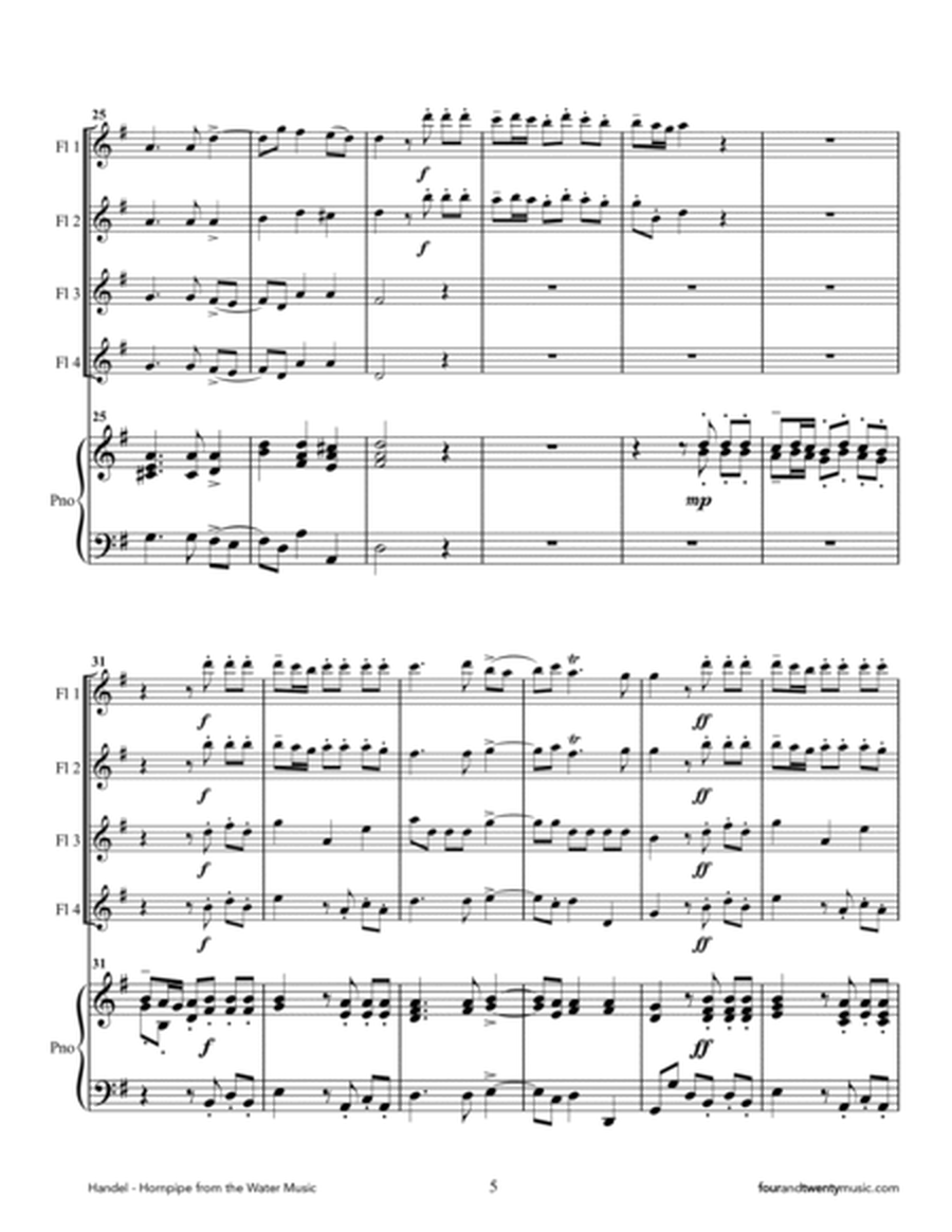 'Hornpipe' from the Water Music, arranged for four flutes and piano image number null