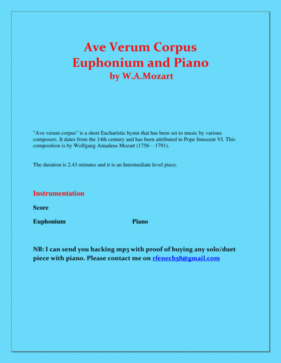 Ave Verum Corpus - Euphonium and Piano - Intermediate level image number null