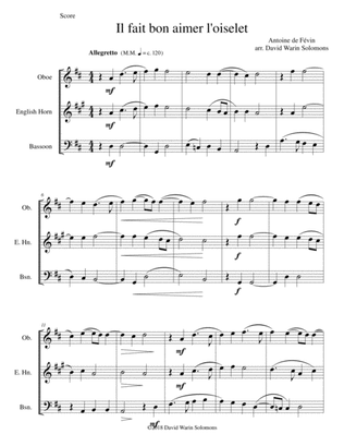 Il fait bon aimer l'oiselet for double-reed trio (oboe, cor anglais, bassoon)