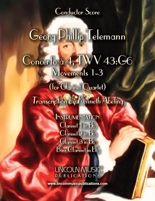 Book cover for Telemann - Concerto à 4, TWV 43:G6 (for Clarinet Quartet with optional Organ)