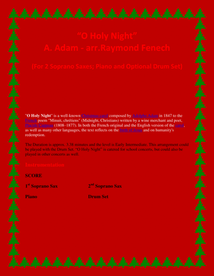 O Holy Night - 2 Soprano Saxes, Piano and Optional Drum Set - Intermediate Level image number null