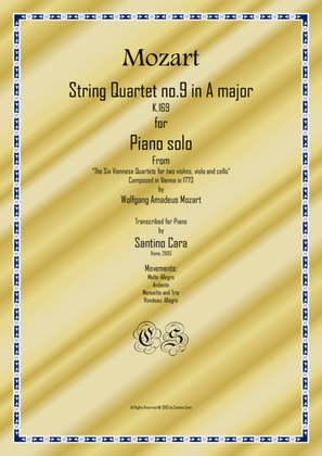 Book cover for Mozart – Complete String quartet no.9 in A major K169 for piano solo