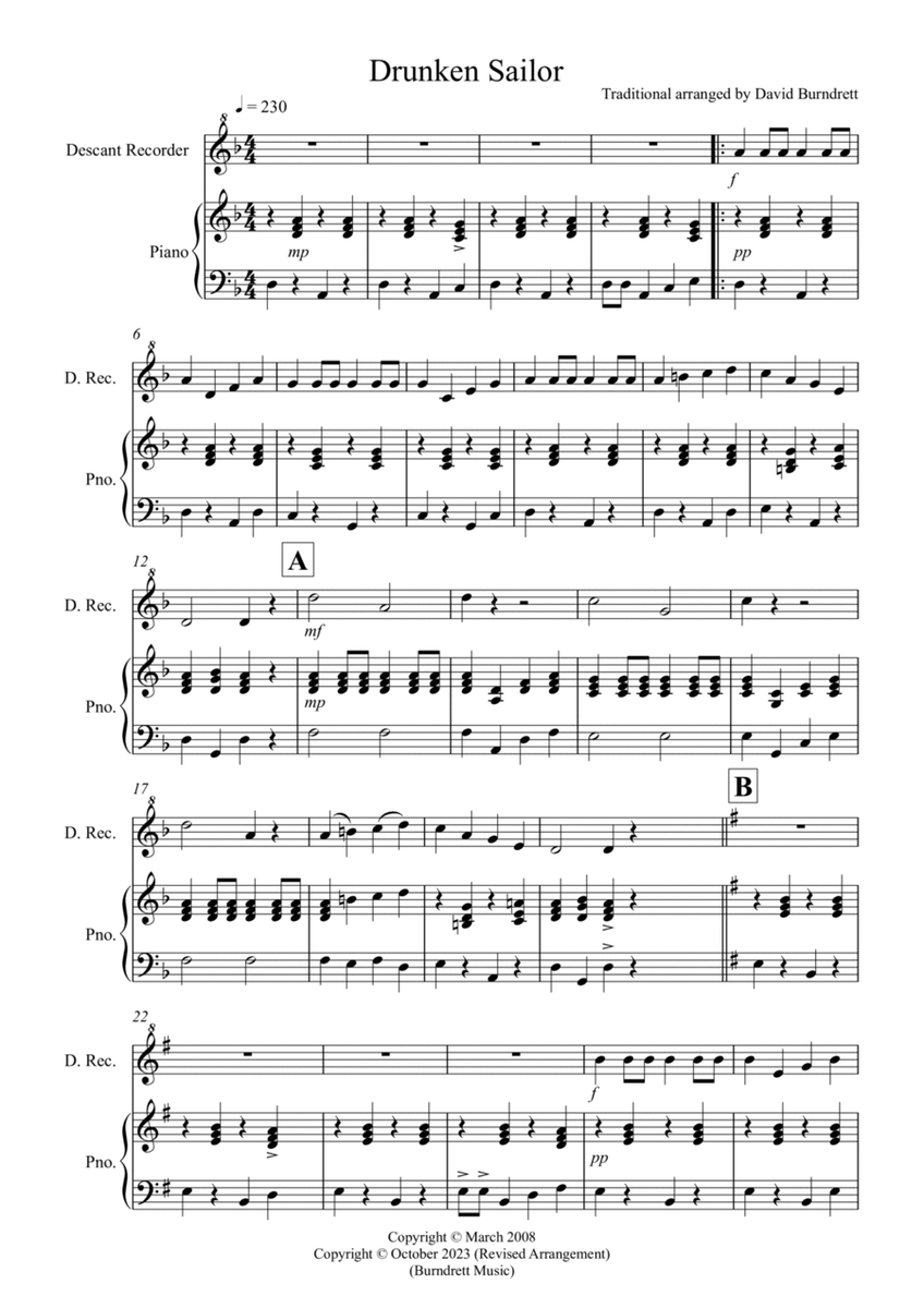 Drunken Sailor for Descant Recorder and PIano image number null