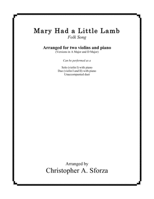 Book cover for Mary Had a Little Lamb, for two violins and piano