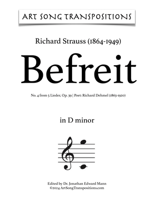 Book cover for STRAUSS: Befreit, Op. 39 no. 4 (transposed to D minor)
