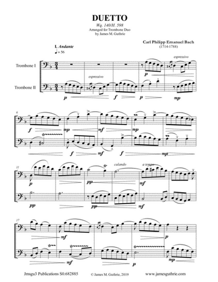 CPE Bach: Duetto Wq. 140 for Trombone Duo image number null