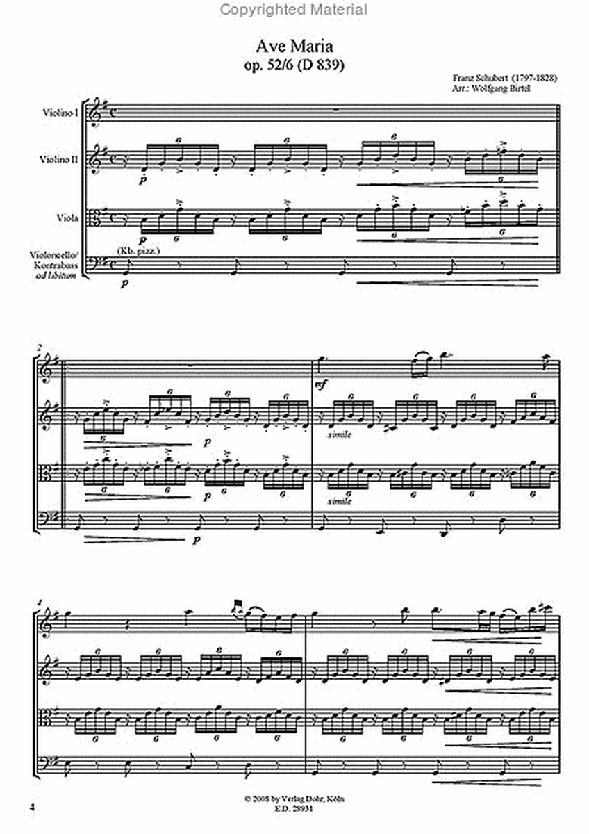 Ave Maria G-Dur op. 52/6 D 839 (für Streichquartett)
