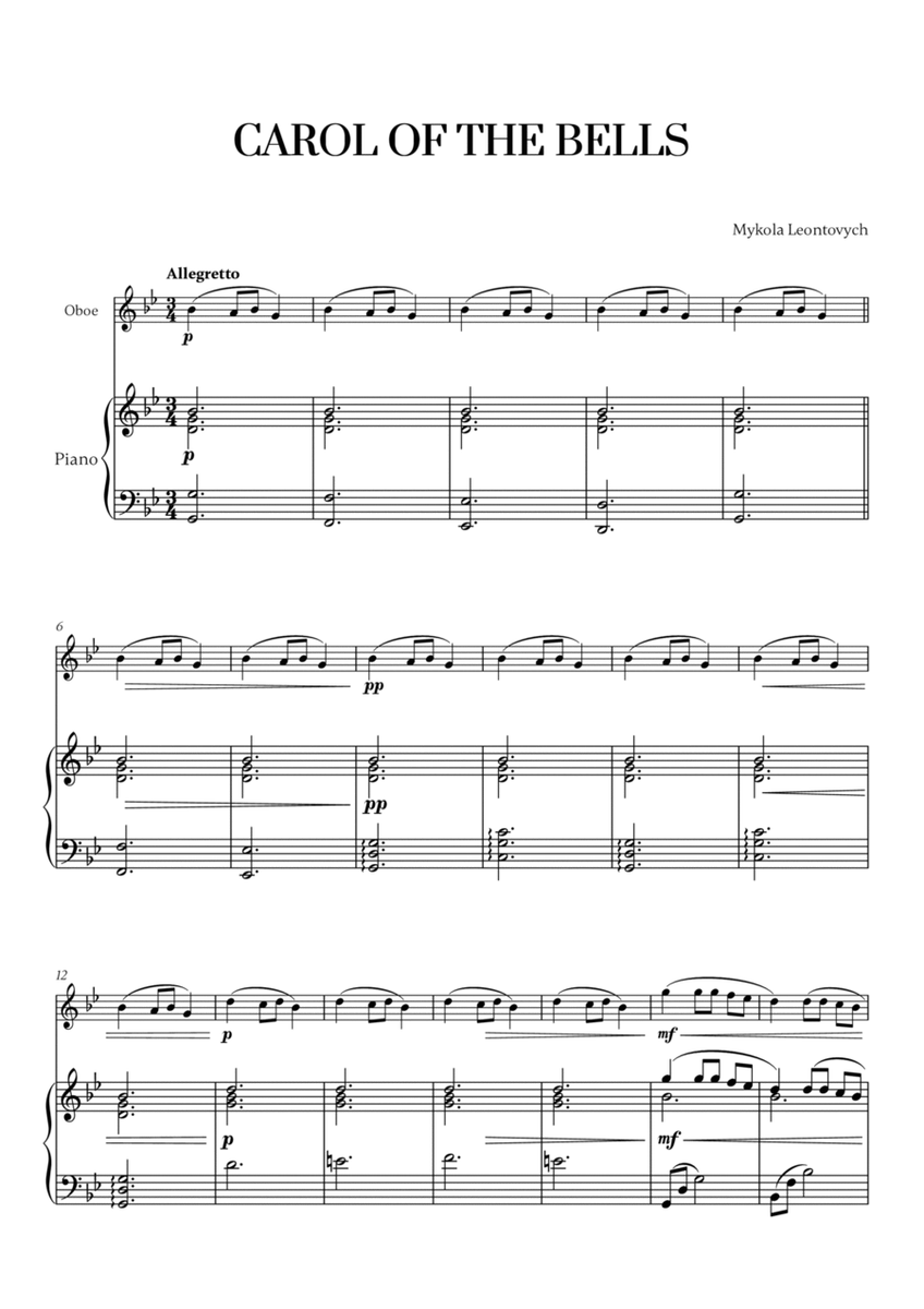 Carol of the Bells (Very Easy/Beginner) (for Oboe and Piano) image number null