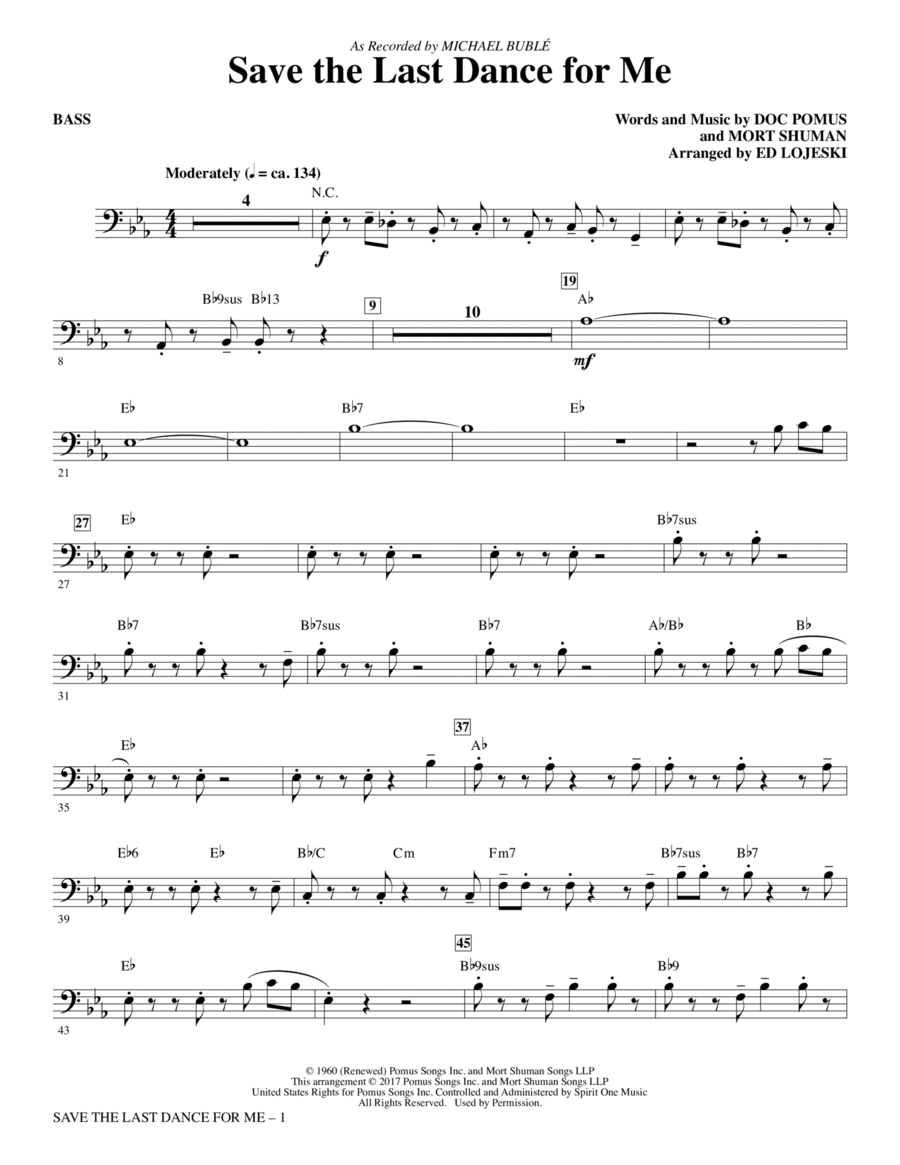 Save the Last Dance for Me (arr. Ed Lojeski) - Bass