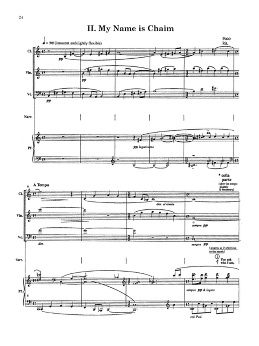 Sparks of Glory for Violin, Clarinet, Piano, Cello and Narrator (Score and Parts)