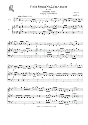 Book cover for Mozart - Violin Sonata No.22 in A major K 305 for Violin and Piano - Score and Part