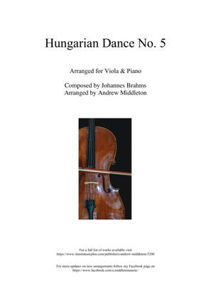 Book cover for Hungarian Dance No. 5 in G Minor arranged for Viola and Piano