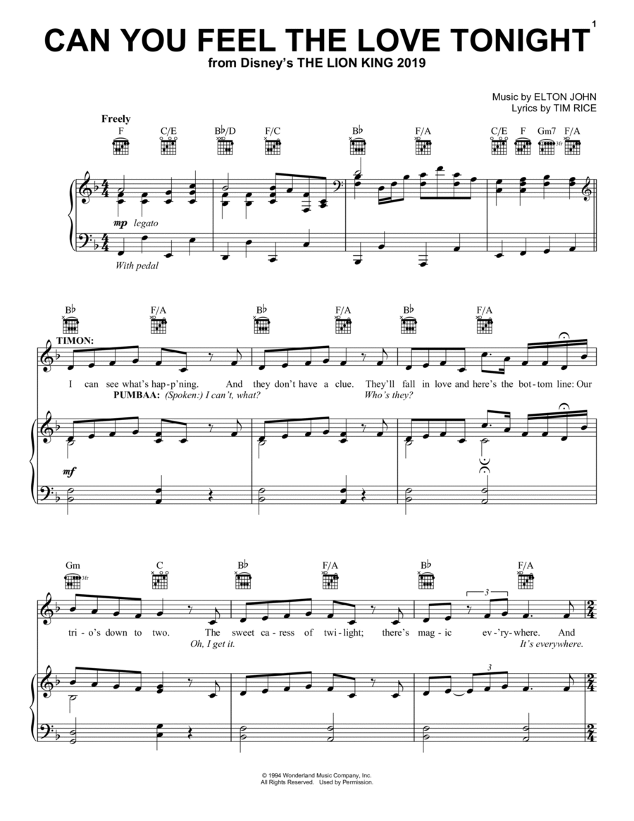 Can You Feel The Love Tonight (from The Lion King 2019) by Elton John Piano, Vocal, Guitar - Digital Sheet Music