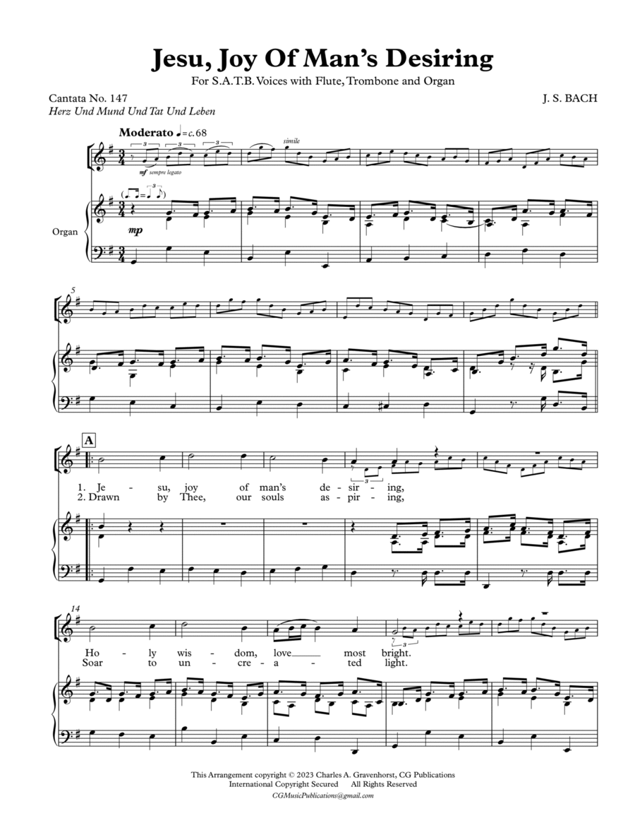 JESU, JOY OF MAN’S DESIRING – Flute (or other C Instrument), Trombone, Organ and SATB Voices image number null