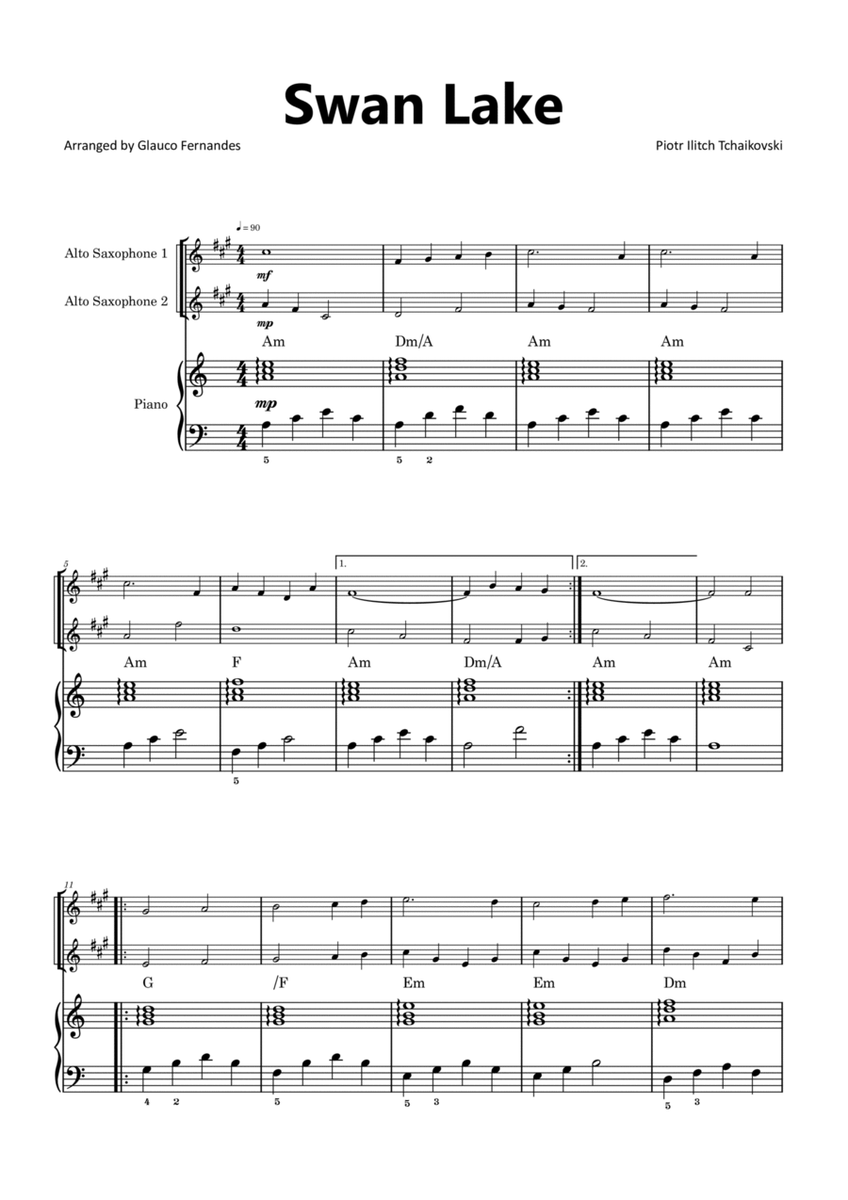 Swan Lake - Alto Saxophone Duet with Piano and Chord Notations image number null