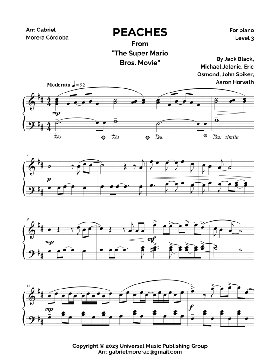 Piano Sheet Music peaches Super Mario Bros 