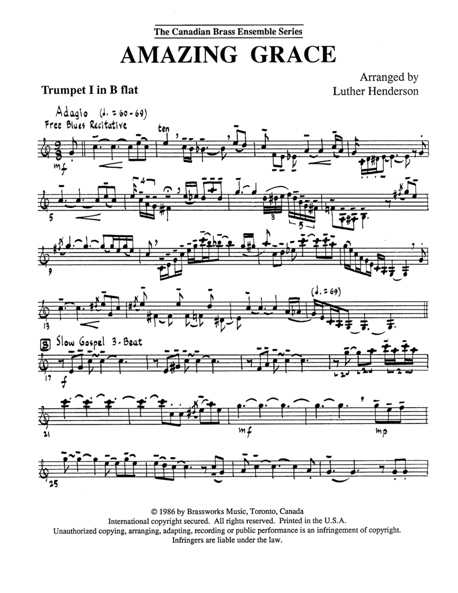 Amazing Grace - Bb Trumpet 1 (Brass Quintet) Sheet Music