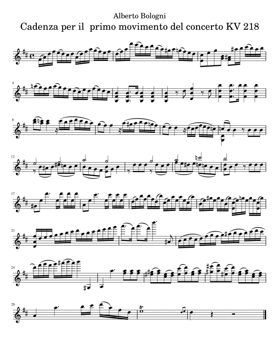 Cadenzas for Mozart's Violin Concerto KV 218 - Violin Solo - Digital Sheet  Music