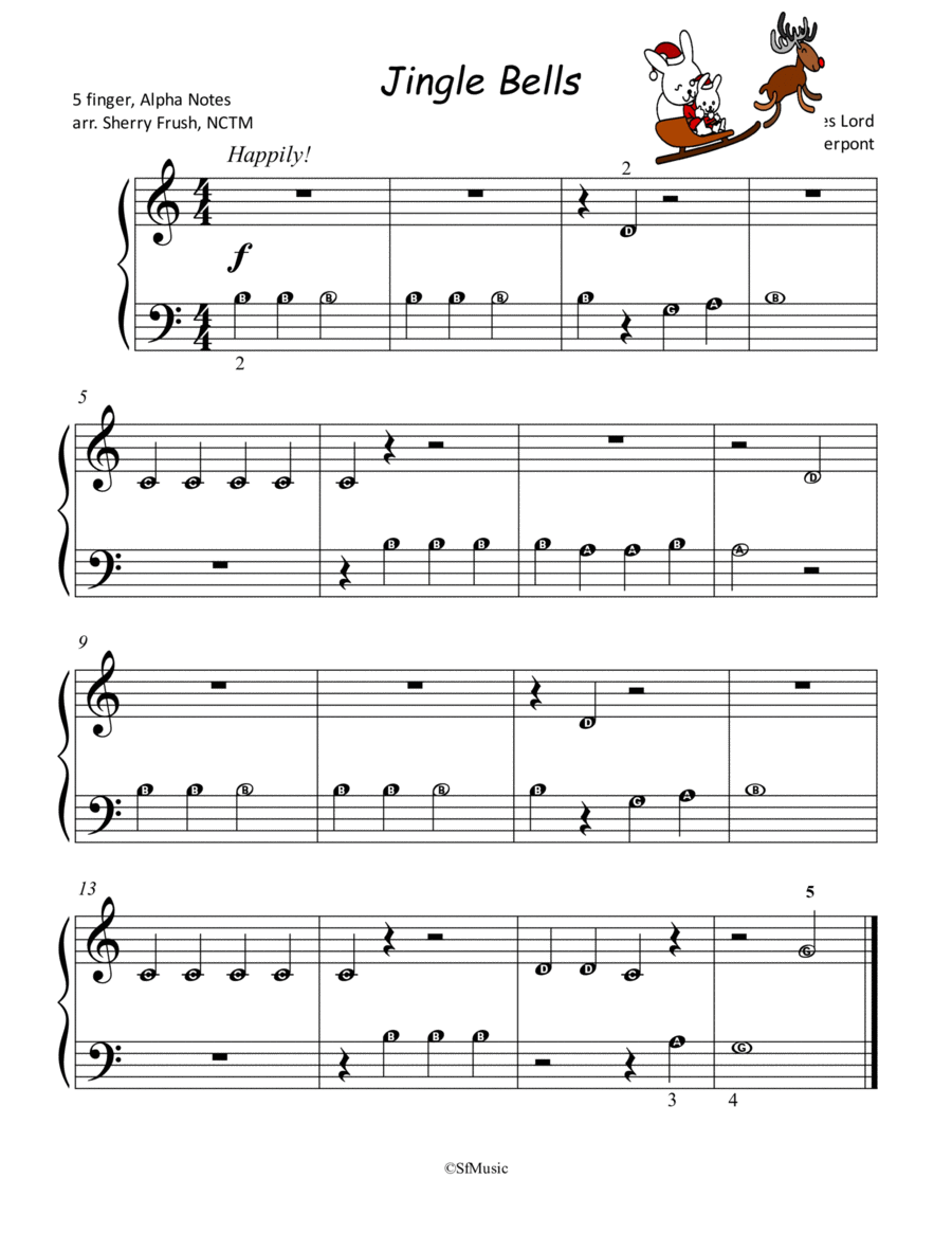 Jingle Bells Alpha Notes 5 finger - Easy Piano - Digital Sheet