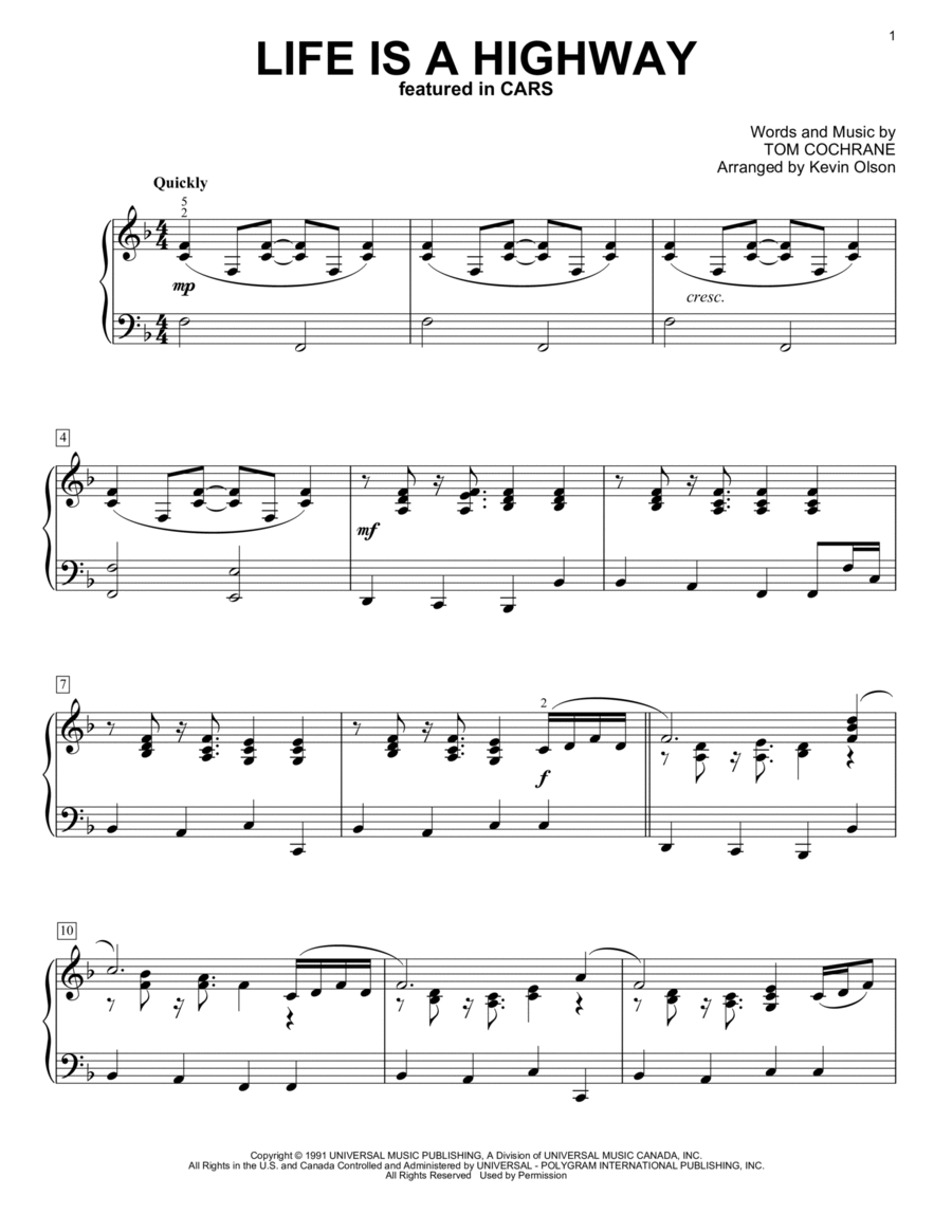 Life Is A Highway (from Cars) (arr. Kevin Olson) by Rascal Flatts - Easy  Piano - Digital Sheet Music | Sheet Music Plus