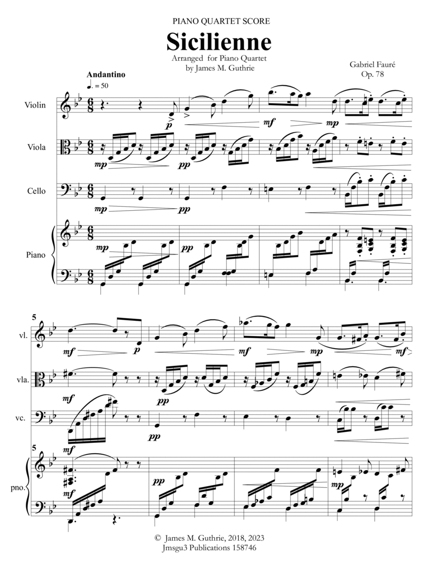 Fauré: Sicilienne for Piano Quartet by Gabriel Faure - Piano Quartet -  Digital Sheet Music | Sheet Music Plus