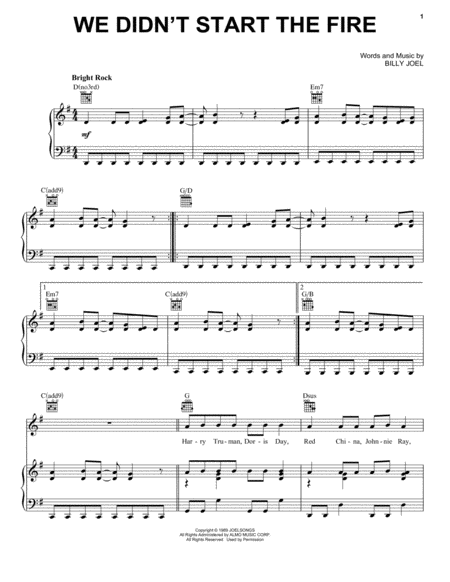 We Didn't Start The Fire by Billy Joel - Piano, Vocal, Guitar - Digital  Sheet Music