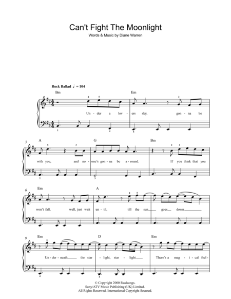 Can't Fight The Moonlight by LeAnn Rimes - Easy Piano - Digital Sheet Music  | Sheet Music Plus